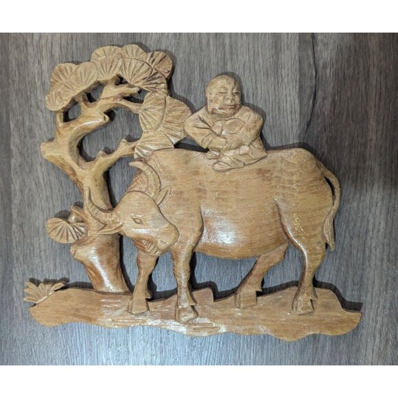 Hand-Carved Wooden Wall Decor Rustic Man On Oxen Scene 10" Chinese Asian Farmhou - Picture 5 of 7